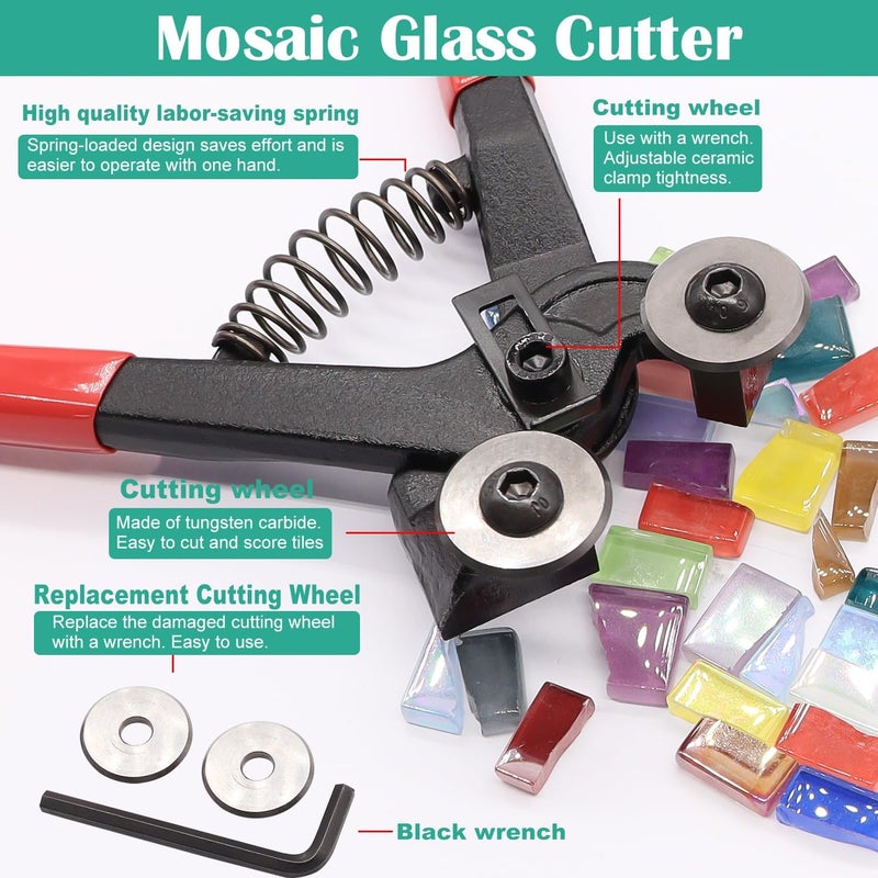 weideer Glass Cutters Tools,Glass Cutter, Mosaic Wheeled Glass Tile Nippers,Running Pliers Breaker Grozer Pliers,Stained Glass Cutting Tool Kit with Replacement Cutting Wheel Gloves Leather Bag - Image 2